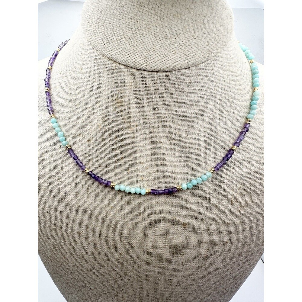 natural 3.2mm Faceted Amethyst Amazonite Beaded Necklace 18”